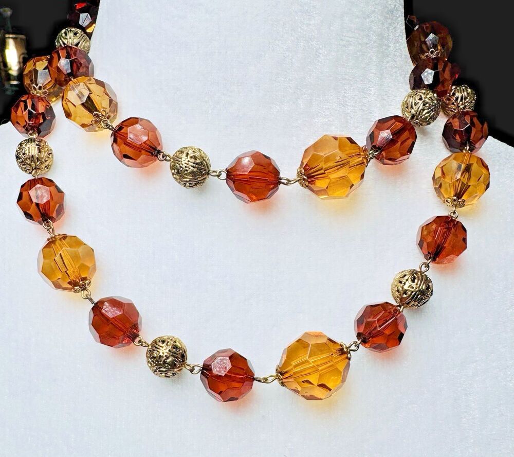 Robert Rose Amber Faceted Acrylic Bead Necklace Gold Tone Filigree 16” & 18”